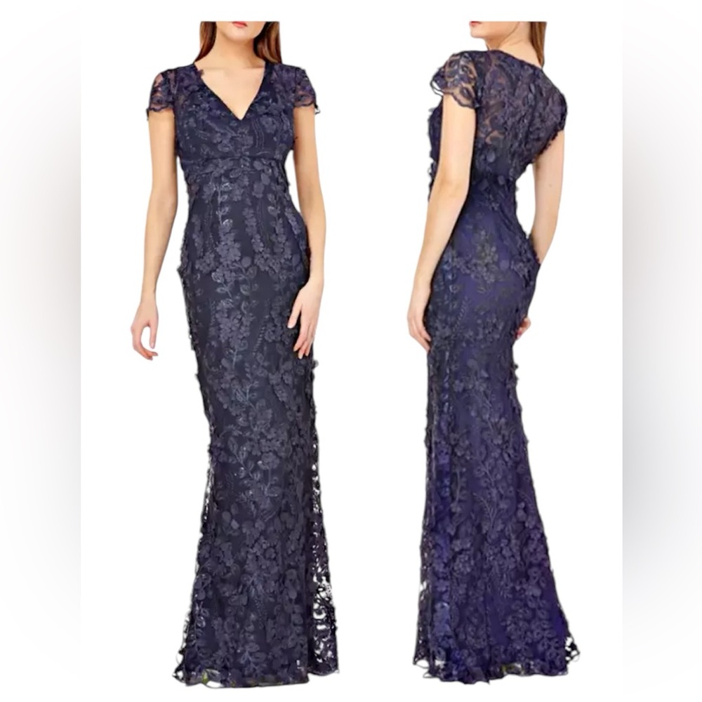 CRMEN MARC VALVO midnight blue embroidered 3D floral maxi formal dress 6…